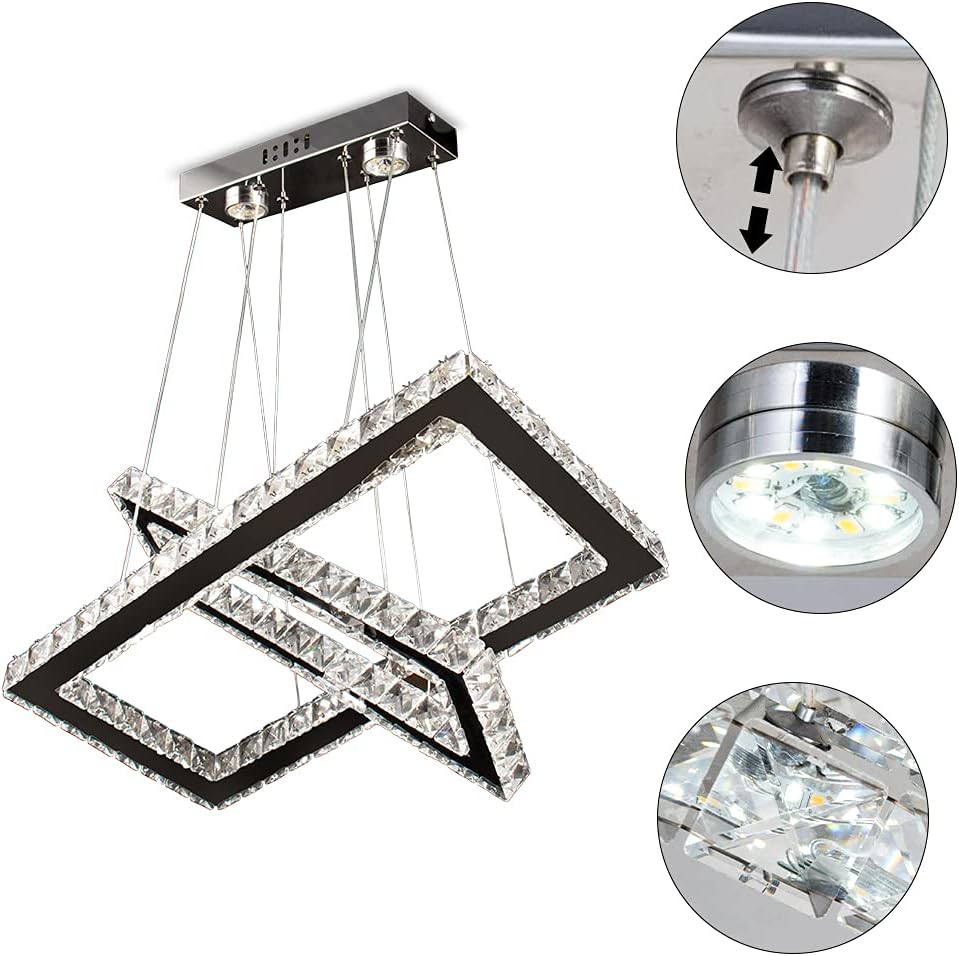 NEW Modern Crystal Chandelier Rectangular Led 2 Rings Ceiling Light Stainless Steel 16.93 inch+20.47 inch
