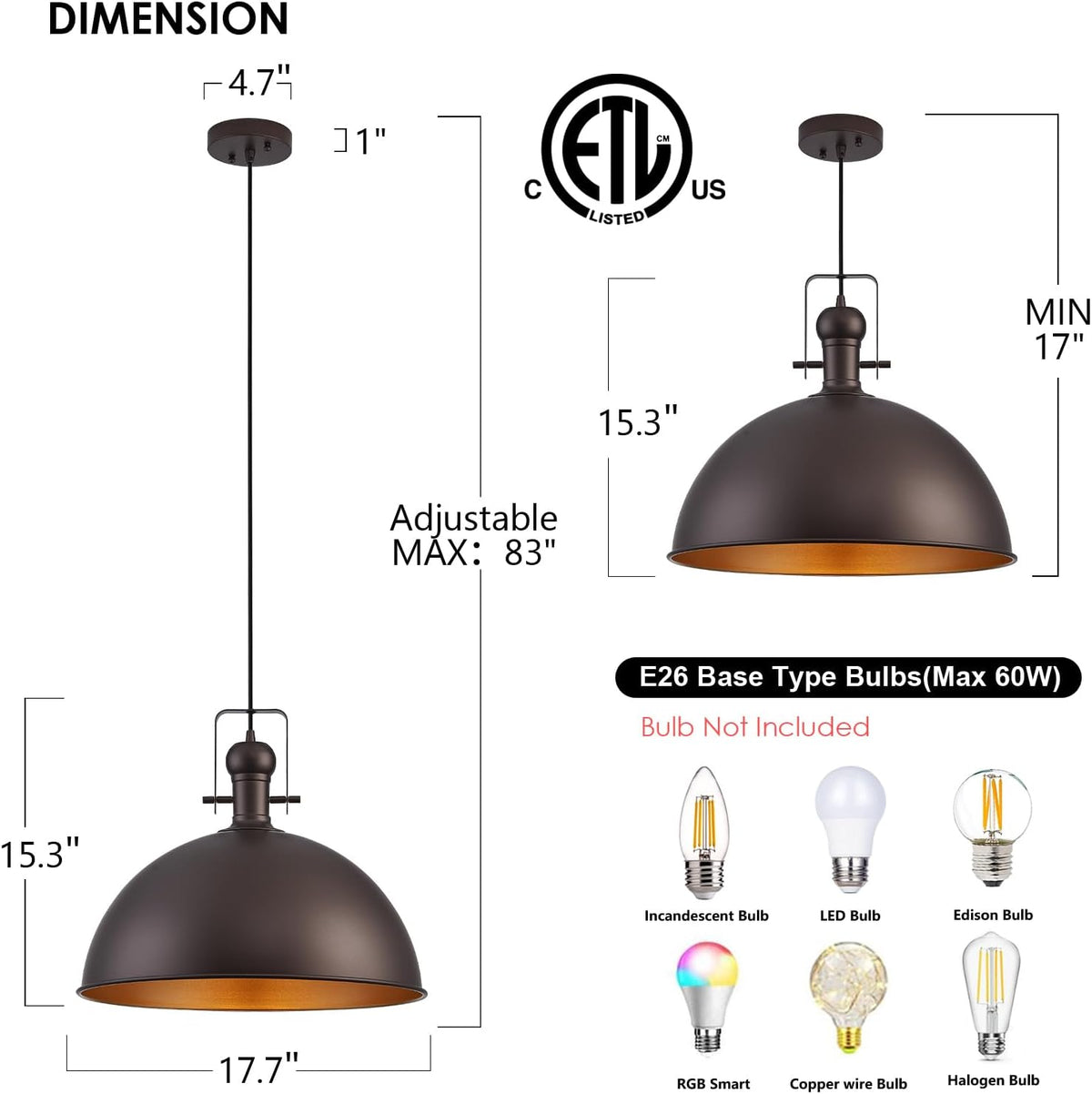 NEW ALAISLYC 18 Inch Oil Rubbed Bronze Farmhouse Pendant Lights