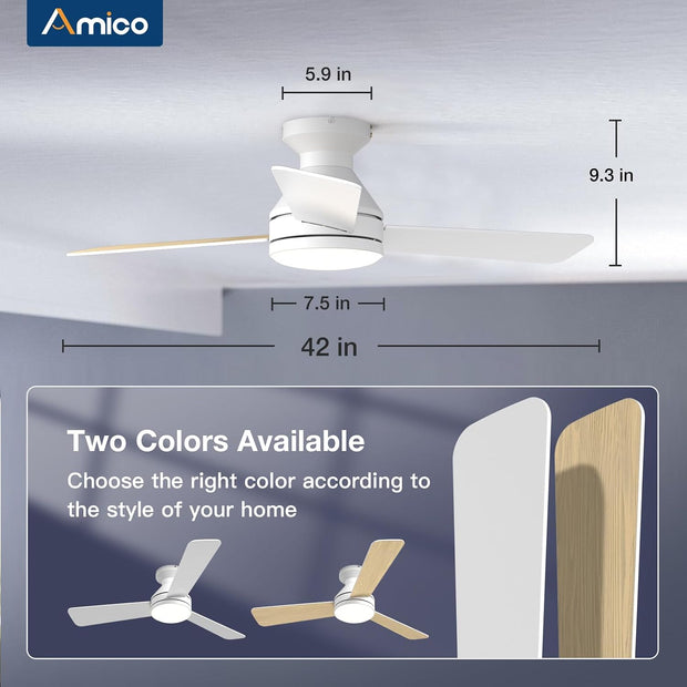 NEW Amico 42 Inch Ceiling Fans 3 Blade with Lights and Remote, Low Profile, White