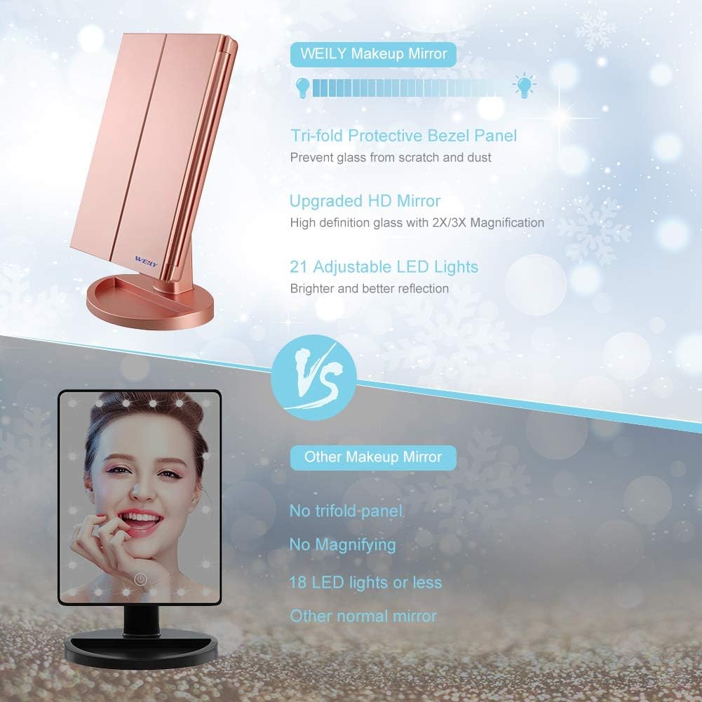 WEILY Vanity Makeup Mirror,1x/2x/3x Tri-Fold Makeup Mirror with 21 LED Lights and Adjustable Touch Screen Lighted Mirror Dressing Mirrors for Women (Rose Gold)