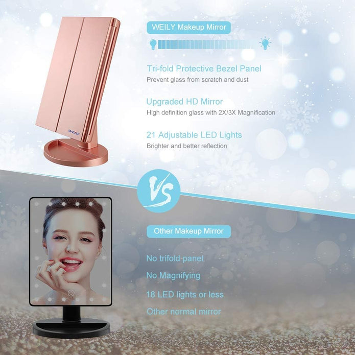 WEILY Vanity Makeup Mirror,1x/2x/3x Tri-Fold Makeup Mirror with 21 LED Lights and Adjustable Touch Screen Lighted Mirror Dressing Mirrors for Women (Rose Gold)