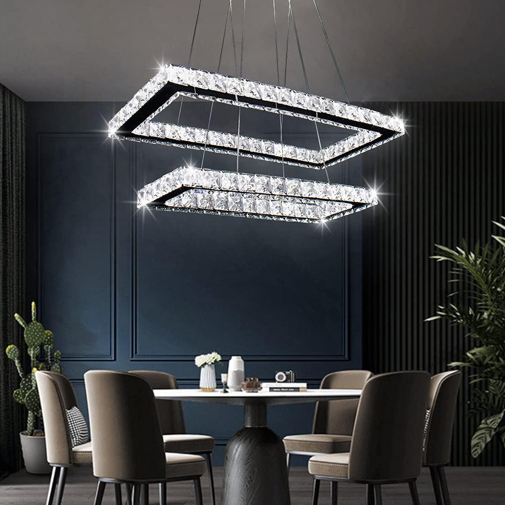 NEW Modern Crystal Chandelier Rectangular Led 2 Rings Ceiling Light Stainless Steel 16.93 inch+20.47 inch