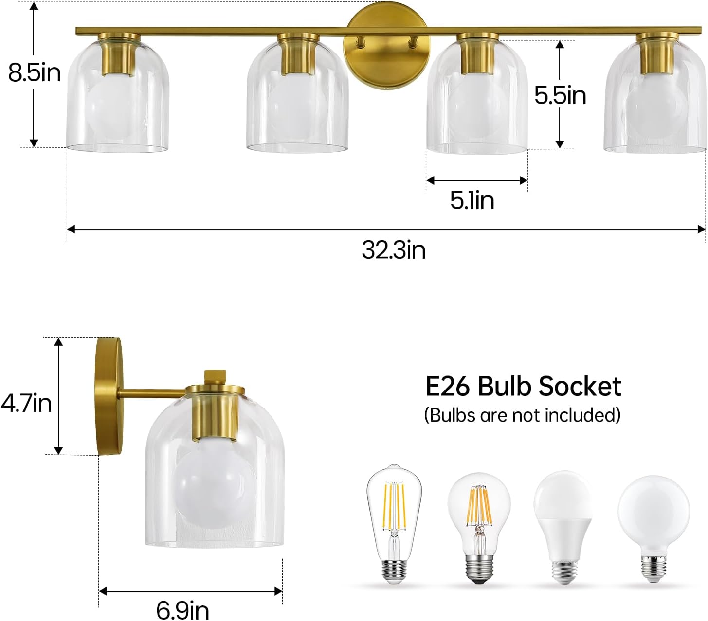 OPEN BOX WOSHITU Bathroom Vanity Light Fixtures: 32.3 Inch Modern Brushed Gold Bathroom Light