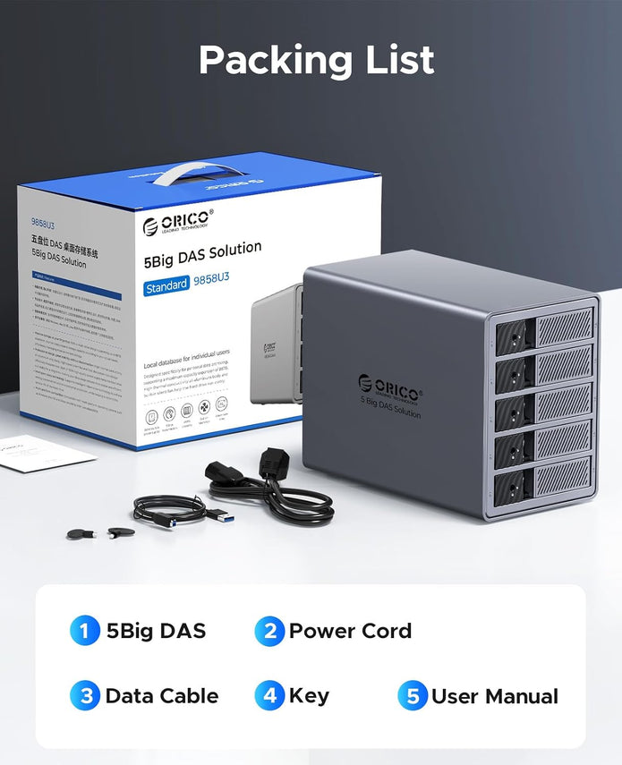NEW ORICO 5 Bay Hard Drive Enclosure USB 3.0 for SATA 3.5 /2.5 inch SSDs HDDs Model-9858U3