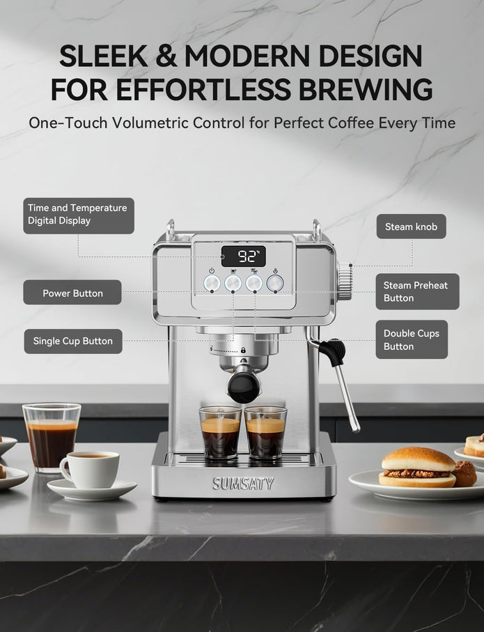 SUMSATY 20 Bar Espresso Machine Stainless Steel with Powerful Milk Frother