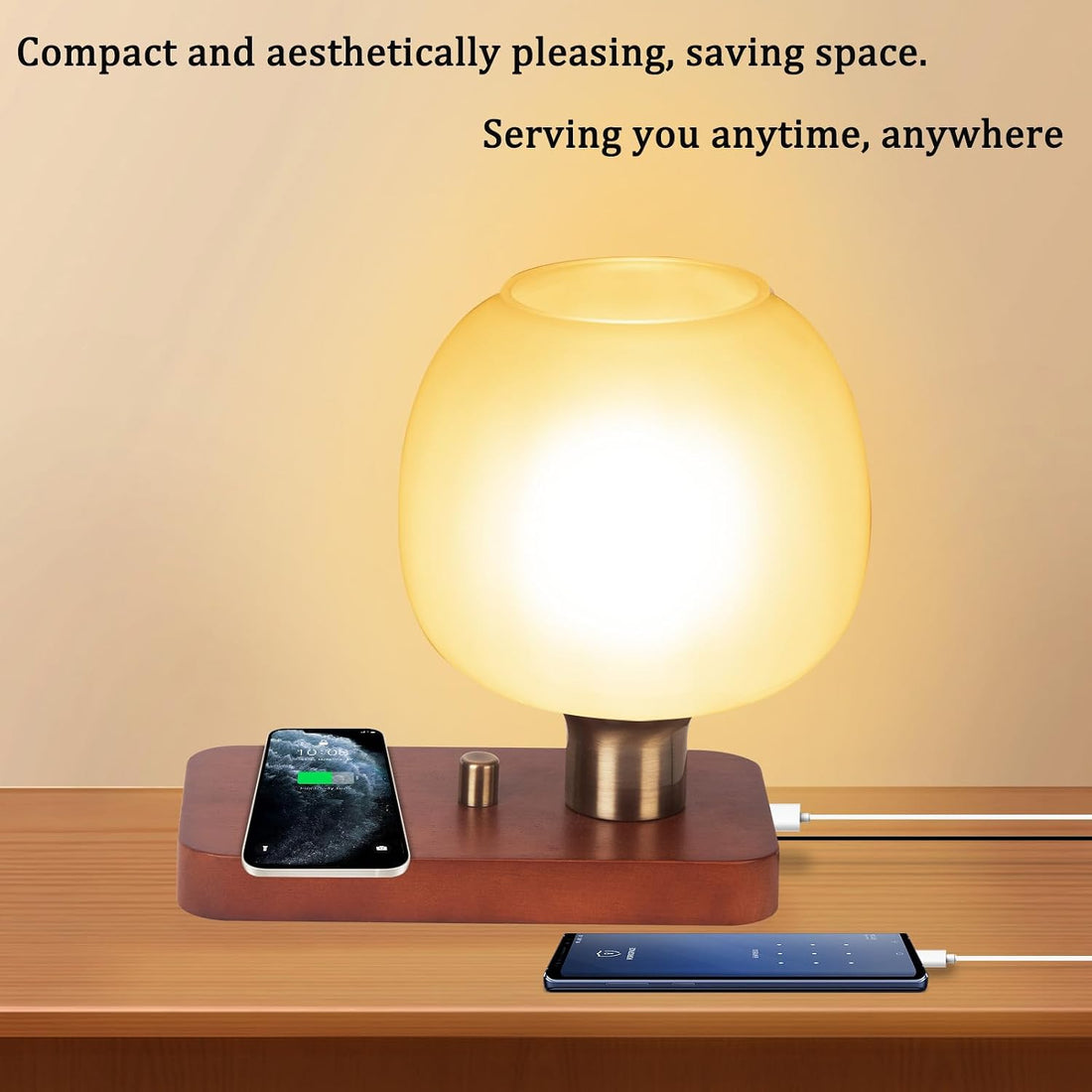 Bedside Lamp with Charging Station, Small Night Light with USB Port, Brown Wooden Pallet Glass