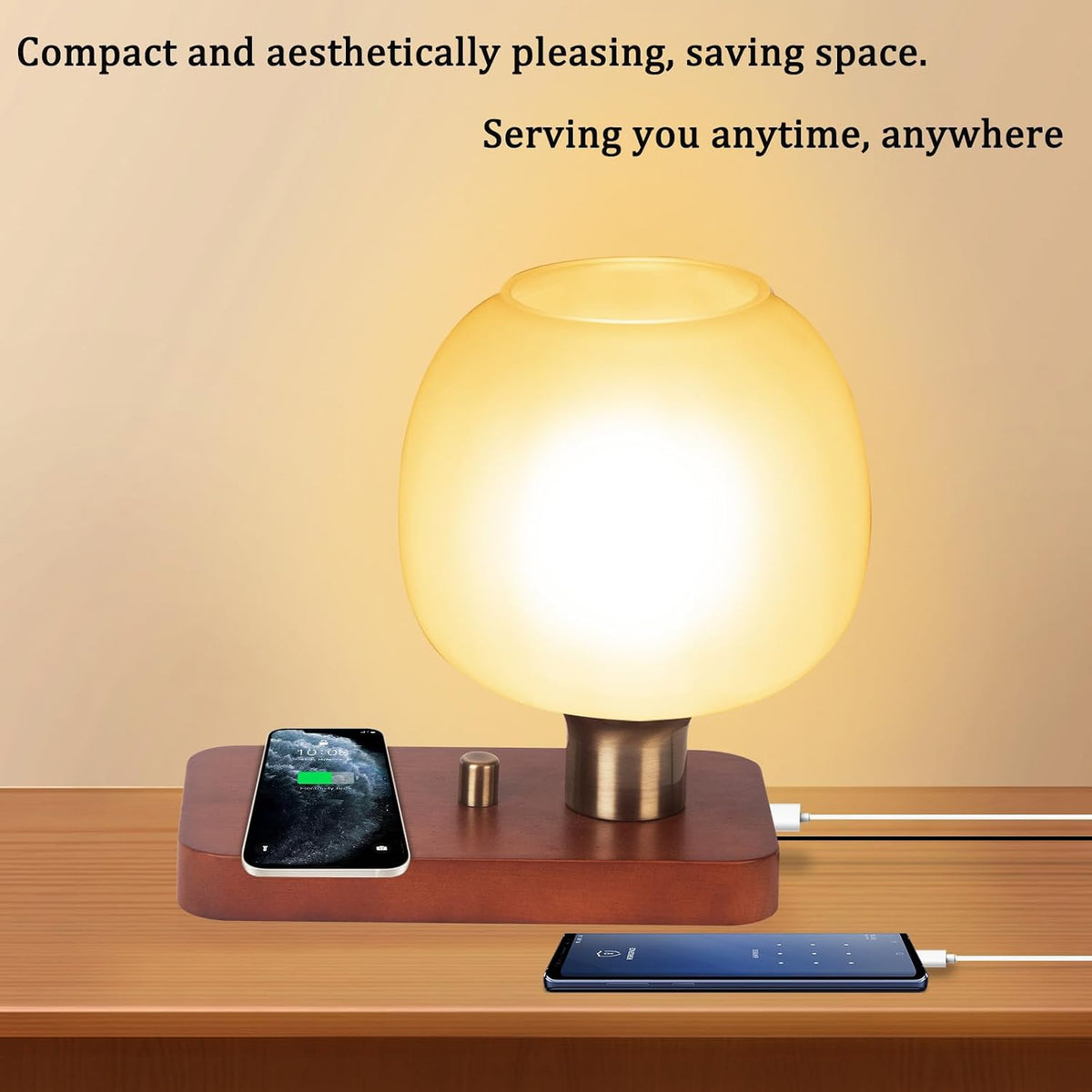 Bedside Lamp with Charging Station, Small Night Light with USB Port, Brown Wooden Pallet Glass