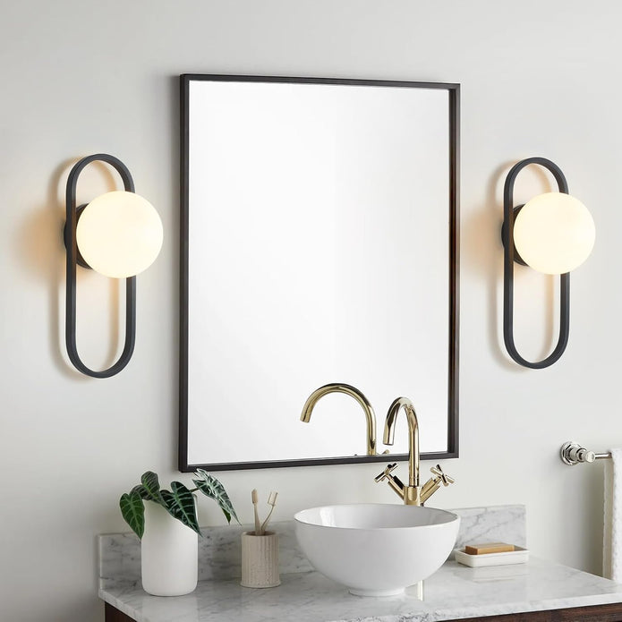 OPEN BOX Wall Sconces Set of Two Matte Black Wall Lamp Sconces with White Globe Glass Shade