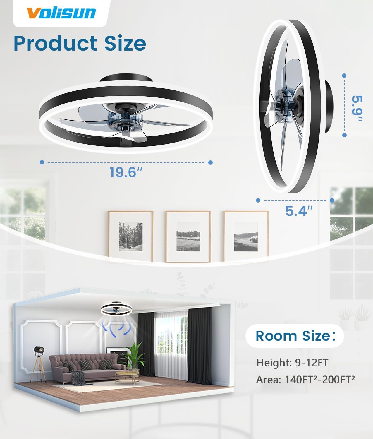 NEW/OPEN BOX VOLISUN Low Profile Ceiling Fans 20in with Lights and Remote, 8223-3K