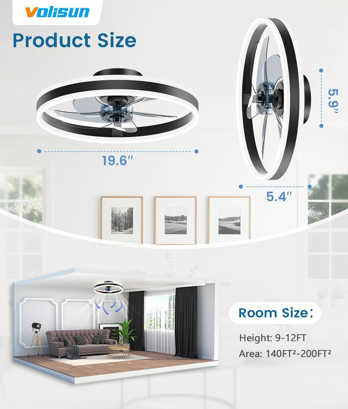 NEW/OPEN BOX VOLISUN Low Profile Ceiling Fans 20in with Lights and Remote, 8223-3K