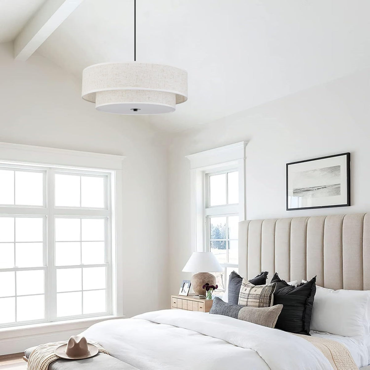 SEIHONG Modern Pendant Light, Farmhouse Vintage Chandelier Hanging Lamp Large Double Drum Fabric Pendant