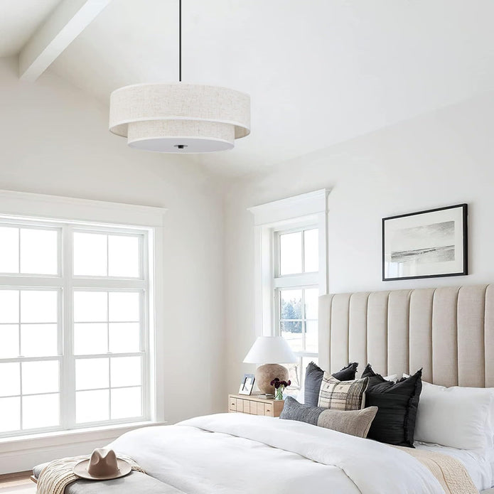 SEIHONG Modern Pendant Light, Farmhouse Vintage Chandelier Hanging Lamp Large Double Drum Fabric Pendant