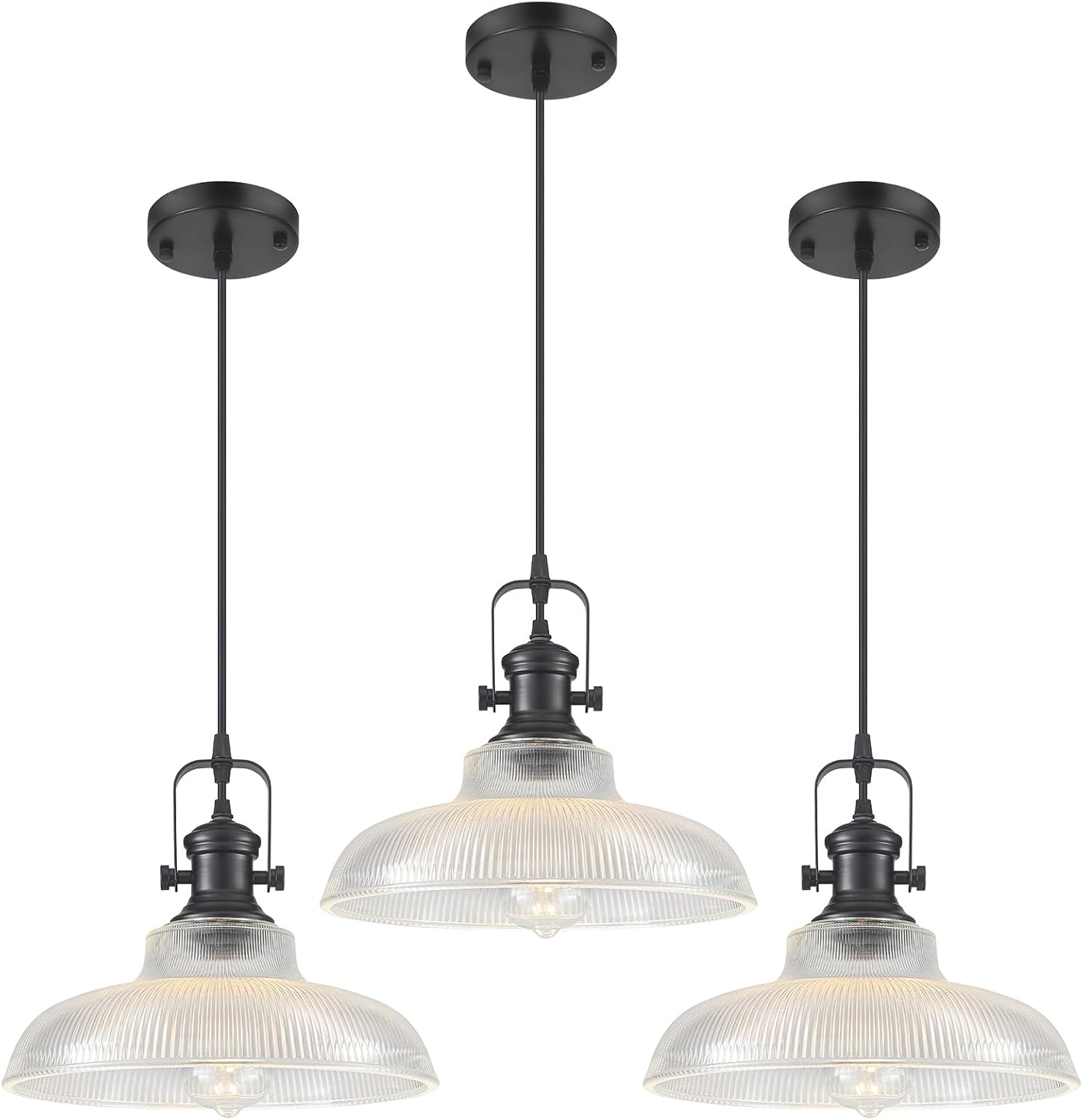 NEW/OPEN BOX  COTTMIC Black Glass Pendant  12in Lights Kitchen Island, Ribbed Glass Pendant ,3 Pack