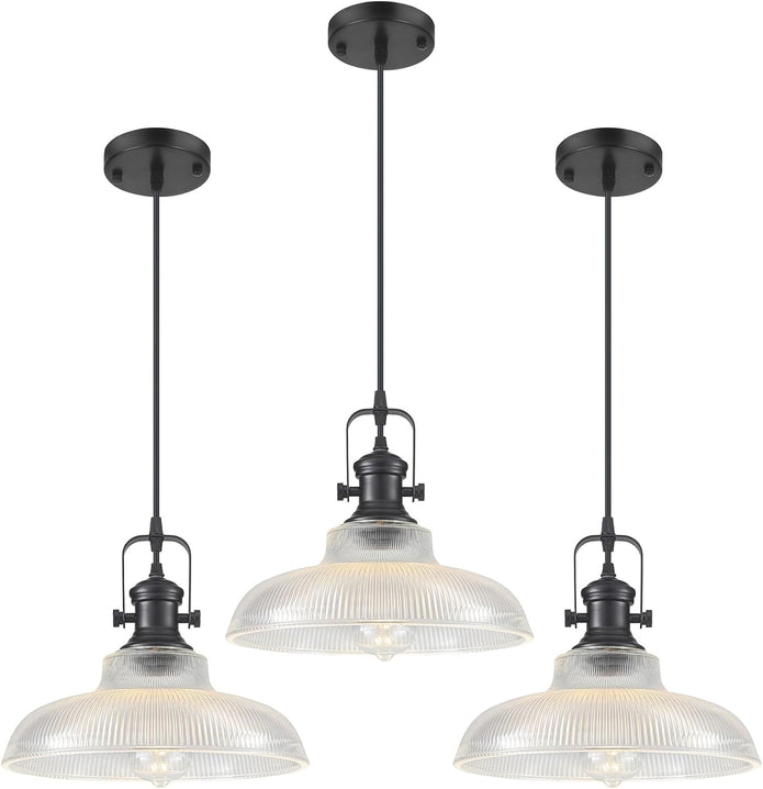 NEW/OPEN BOX  COTTMIC Black Glass Pendant  12in Lights Kitchen Island, Ribbed Glass Pendant ,3 Pack