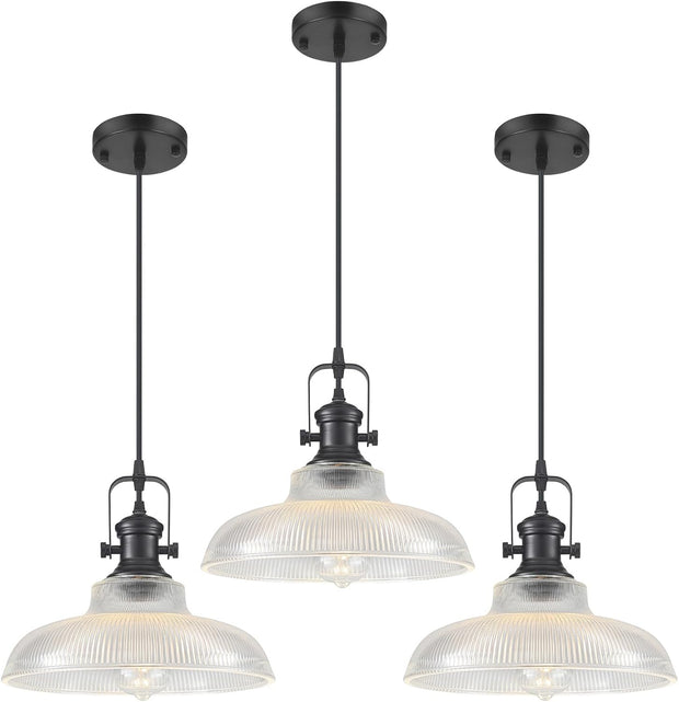 NEW/OPEN BOX  COTTMIC Black Glass Pendant  12in Lights Kitchen Island, Ribbed Glass Pendant ,3 Pack