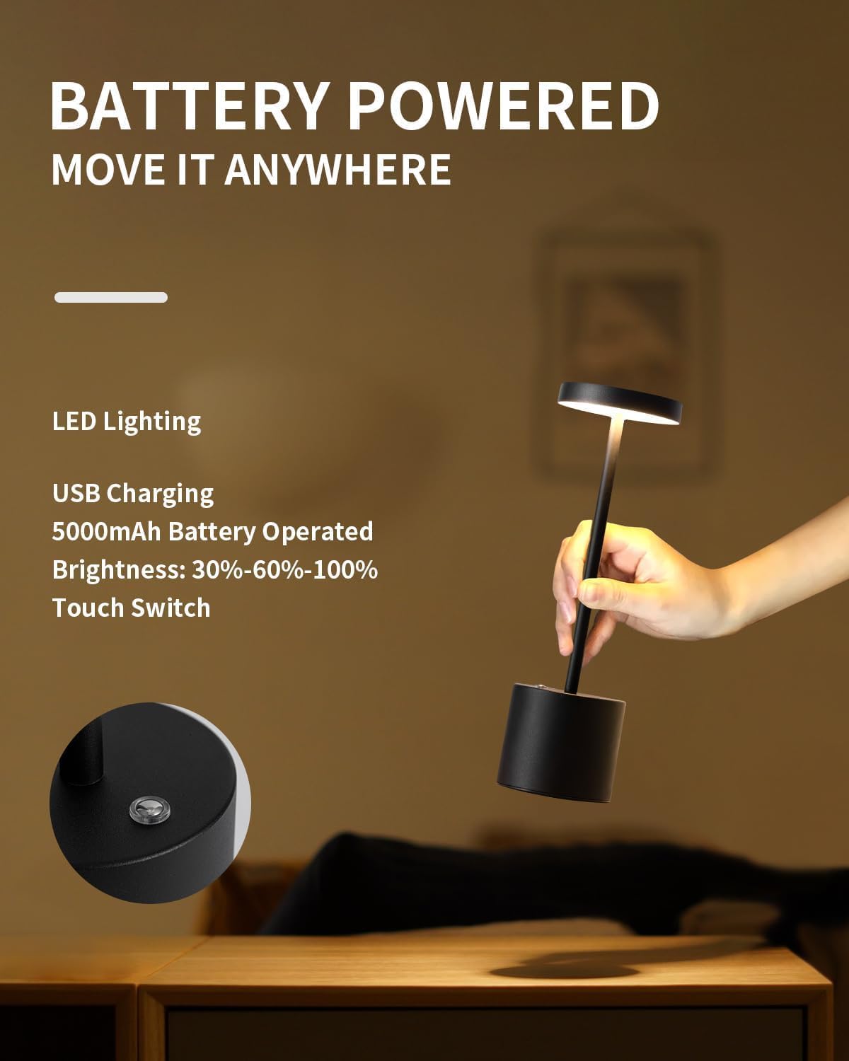 Cordless Table Lamps Rechargeable 2 Pack, 5000mAh Battery Operated LED Touch Lamps -Black /Gold