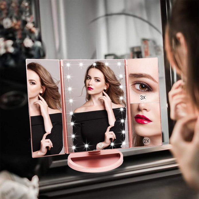 WEILY Vanity Makeup Mirror,1x/2x/3x Tri-Fold Makeup Mirror with 21 LED Lights and Adjustable Touch Screen Lighted Mirror Dressing Mirrors for Women (Rose Gold)