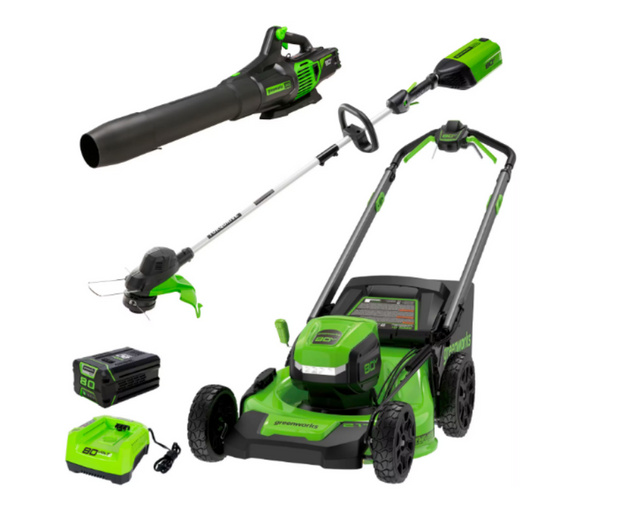 New Greenworks - 80V 21” Lawn Mower, 13” String Trimmer, and 730 Leaf Blower Combo with 4 Ah Battery & Charger) 3-piece combo - Green