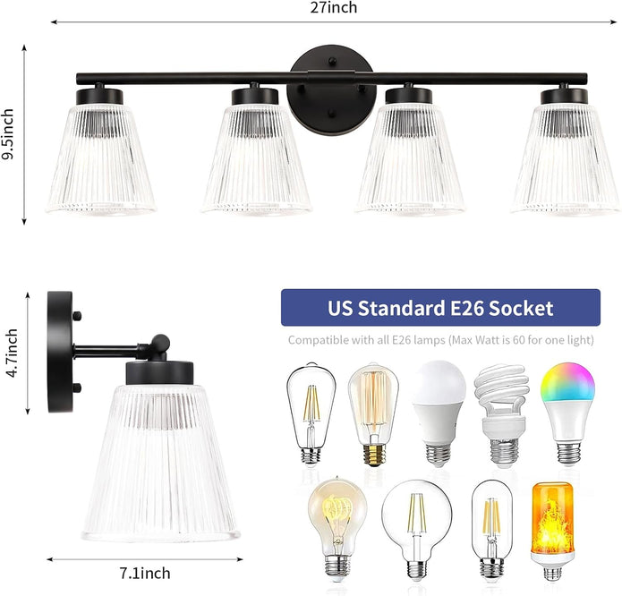 ocioc 4-Light Vanity Light with Striped Glass Shade, Bathroom Lighting-VL-BK04-185