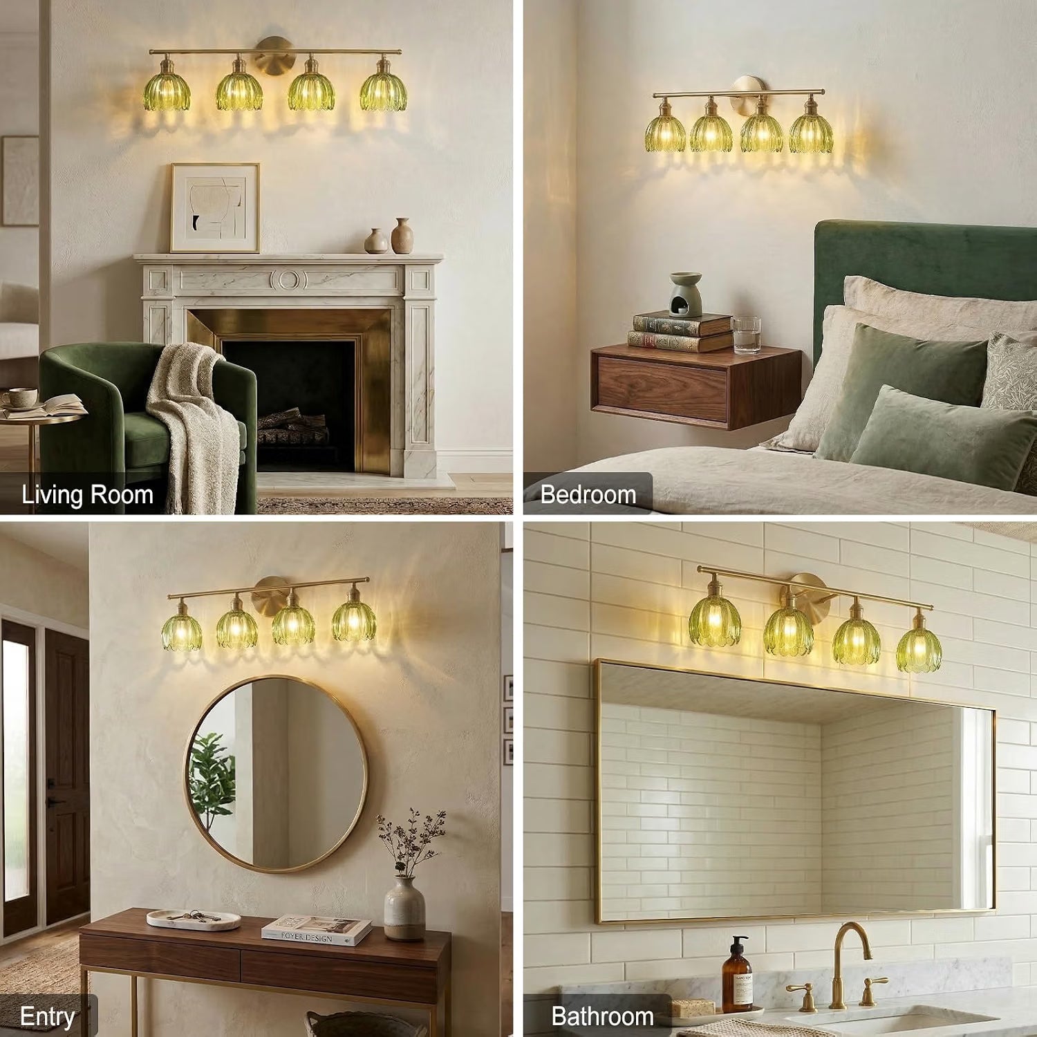 NEW Rnidaipi Light Fixtures, 4-Light  Green Tulip Glass Shade Brass Vanity Wall Light