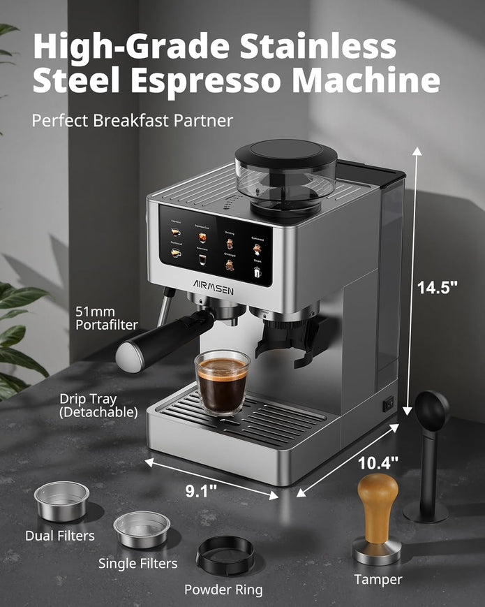 LIKE NEW/ DEMO AIRMSEN Espresso Machines BCM2316 with Burr Grinder, Stainless Steel Coffee Maker