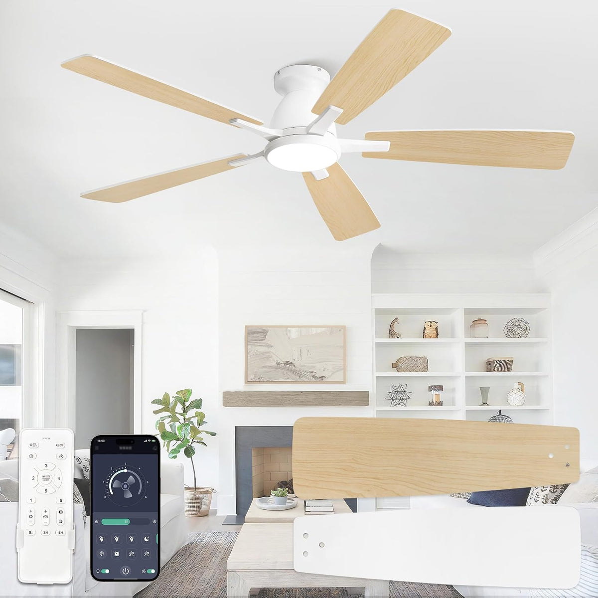 NEW Fanbulous 52 Inch Flush Mount Ceiling Fan, 3CCT 20W LED Light , White, F-LY52WT-1X01