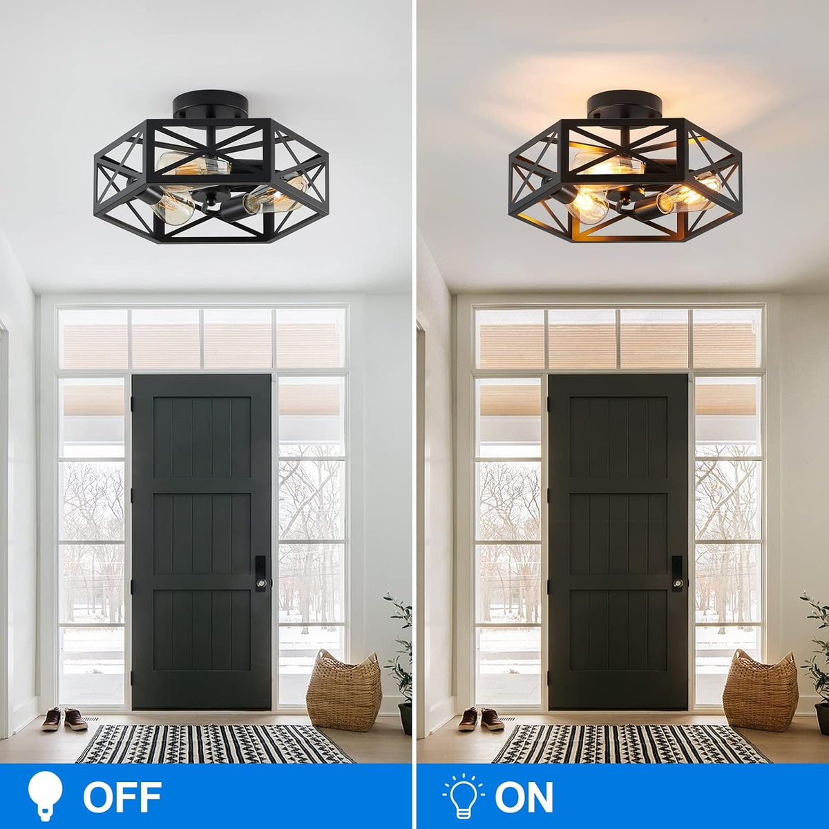 NEW/OPEN BOX XSDeTu Semi Flush Mount Ceiling Light Fixture, Modern Farmhouse 3-Light Black Ceiling Light