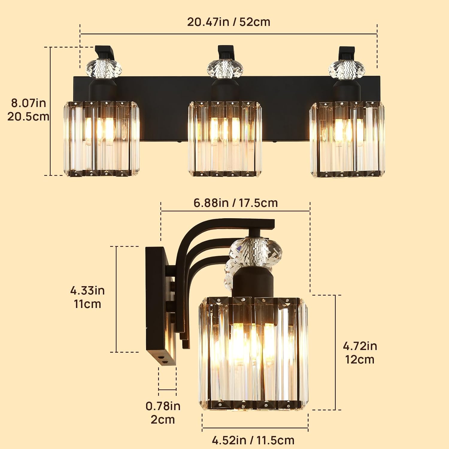 NEW Vikdio 3-Light Bathroom Vanity Light Fixtures Over Mirror, Crystal Sconce-GOLD/BLACK 25BL01-3