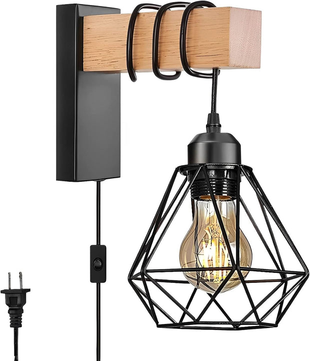 Plug in Wire Wood Cage Wall Lamp Industrial Rustic Lift Pipe
