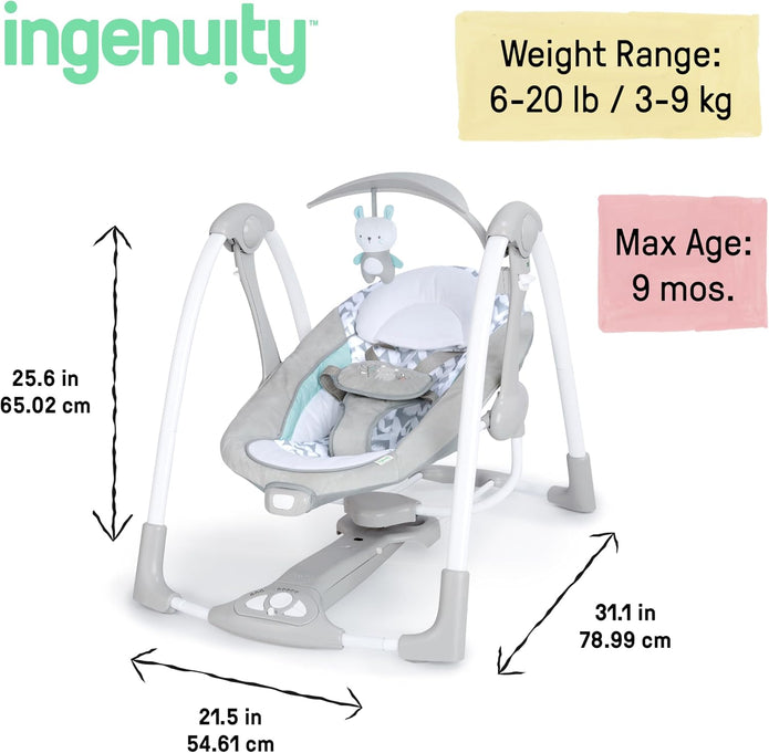 LIKE NEW Ingenuity ConvertMe 2-in-1 Compact Portable Automatic Baby Swing & Infant Seat, Battery-Powered Vibrations, Nature Sounds, 0-9 Months 6-20 lbs