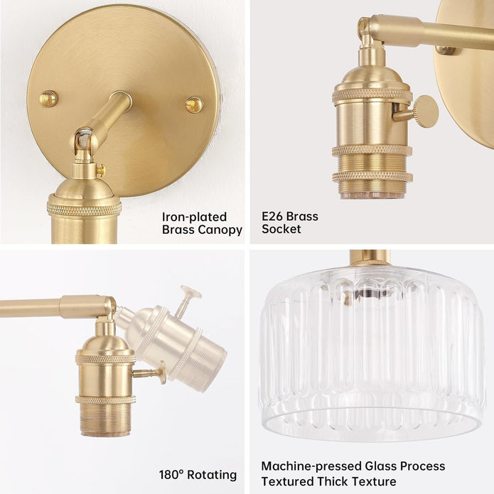 Qufute Glass wall Mount Light Clear Stripe Glass Shade Modern Sconces Swing arm Wall Lighting Brass