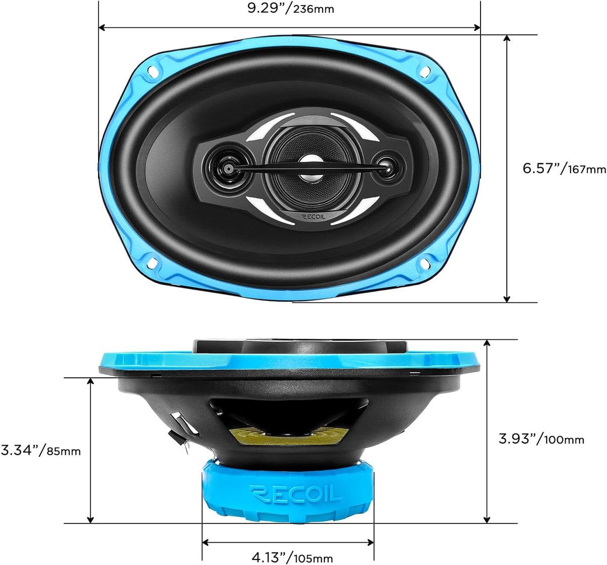 NEW/OPEN BOX Recoil RCX694 Echo Series 6x9 Inch Coaxial Car Speakers 4-Way with Grilles 240W Max, 120W RMS, Polypropylene Cone, Pair