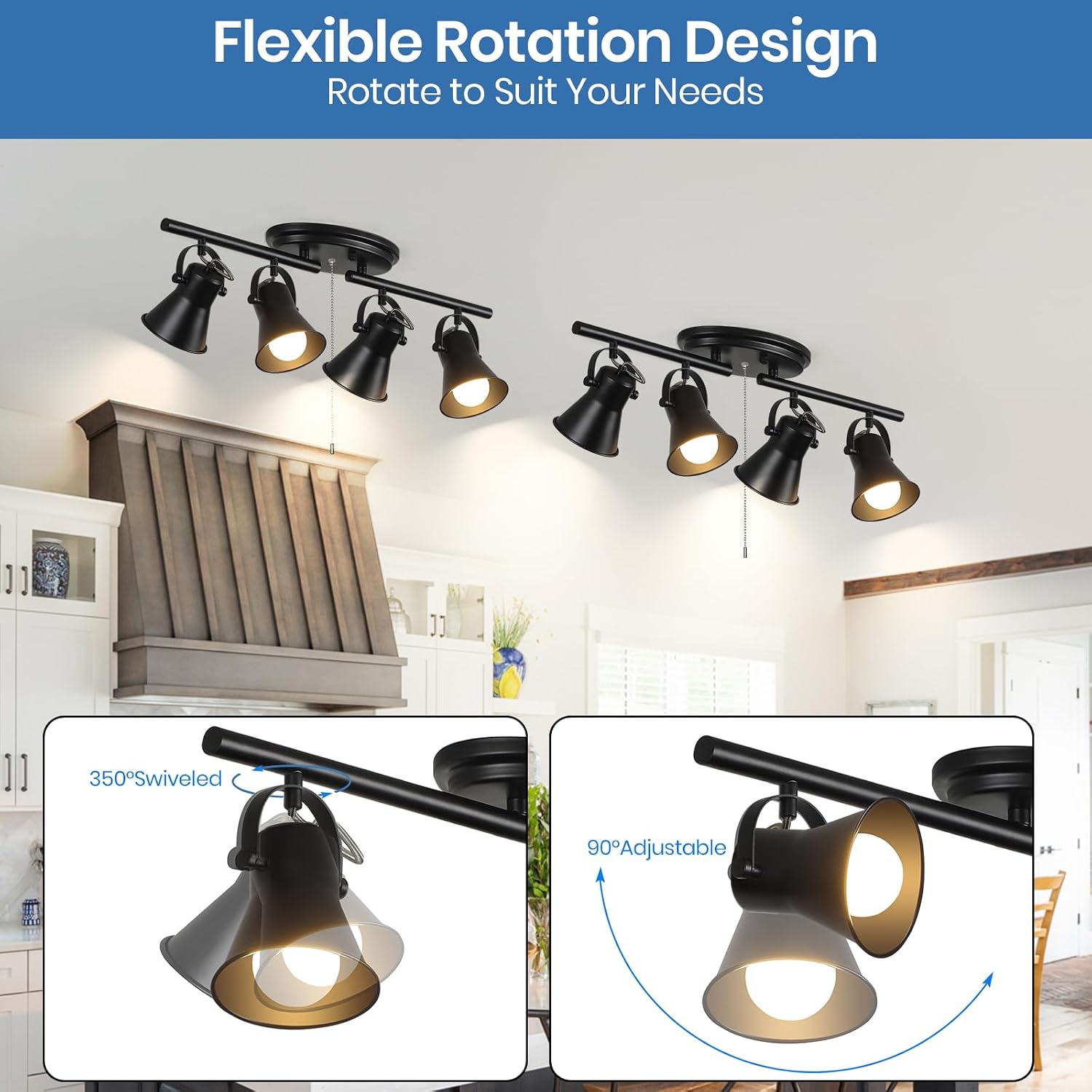 NEW SEEBLEN 4-Light Track Lighting C-04 with Pull Chain Black Kitchen Track Lighting