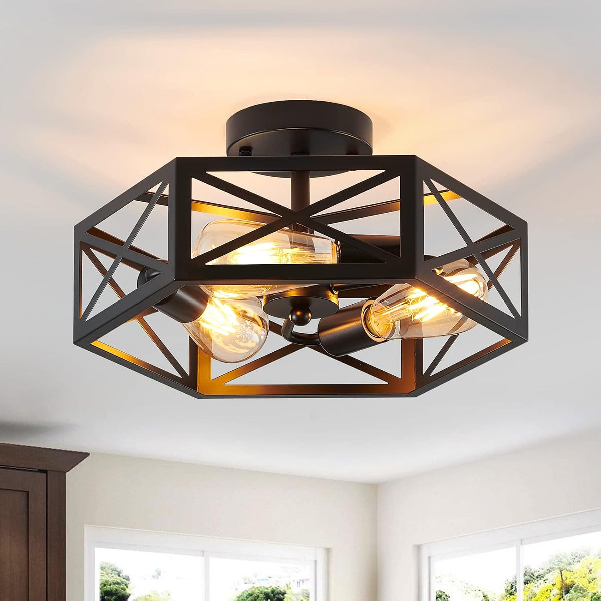 NEW/OPEN BOX XSDeTu Semi Flush Mount Ceiling Light Fixture, Modern Farmhouse 3-Light Black Ceiling Light