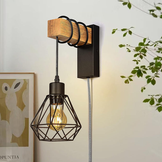 Plug in Wire Wood Cage Wall Lamp Industrial Rustic Lift Pipe