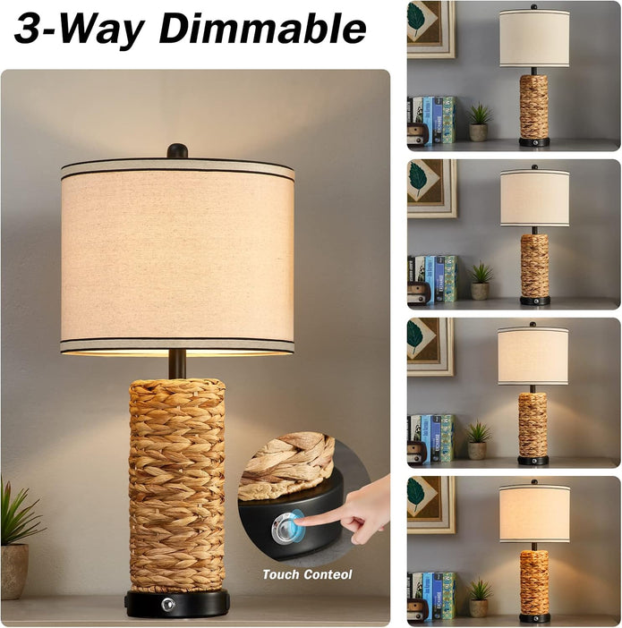 NEW Set of 2 Rustic Touch Table Lamp 12.5 ''for Bedroom Modern Farmhouse Nightstand Rattan Table Lamp