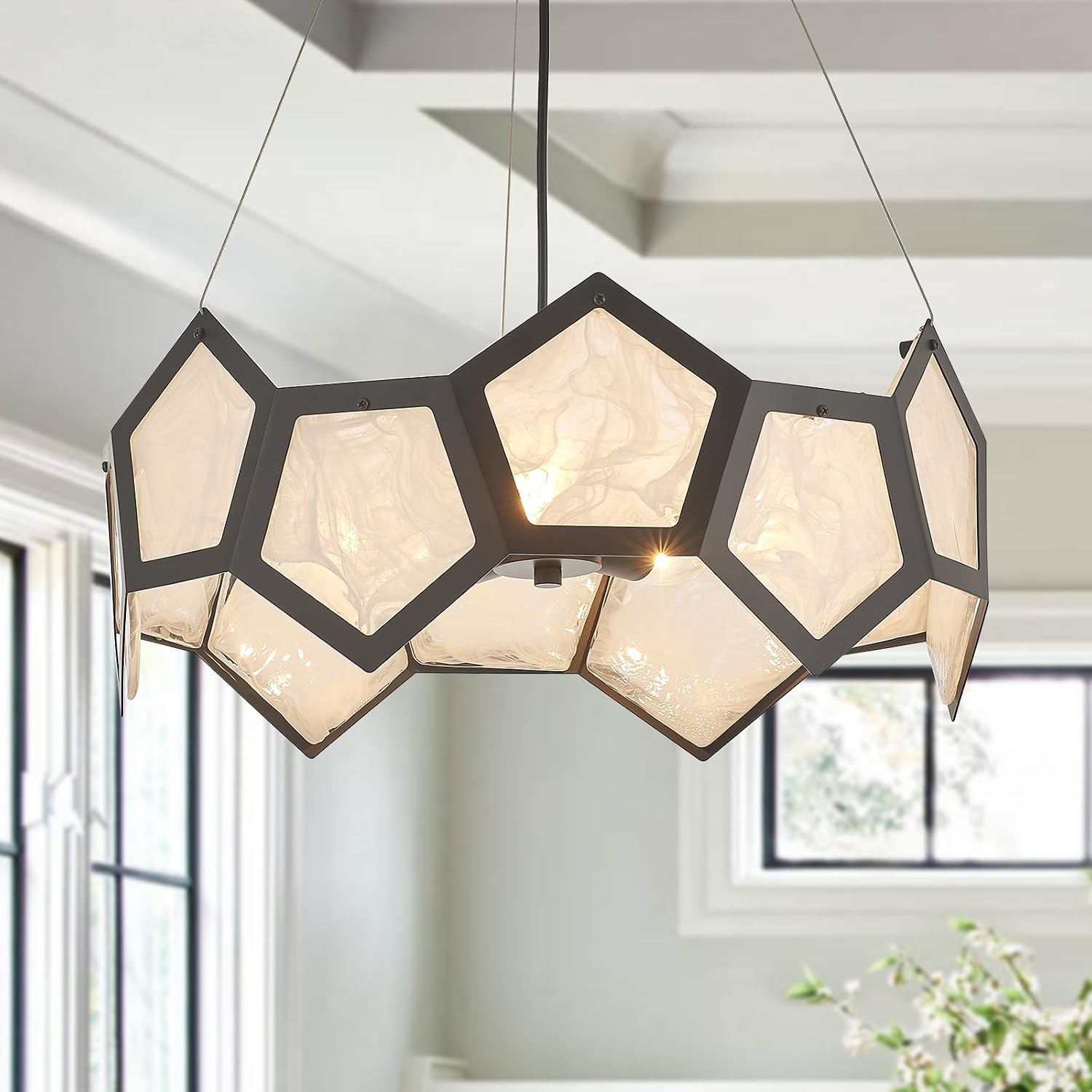 NEW VANZARLA Black Modern Chandelier for Dining Room, 5-Light Glass Chandeliers