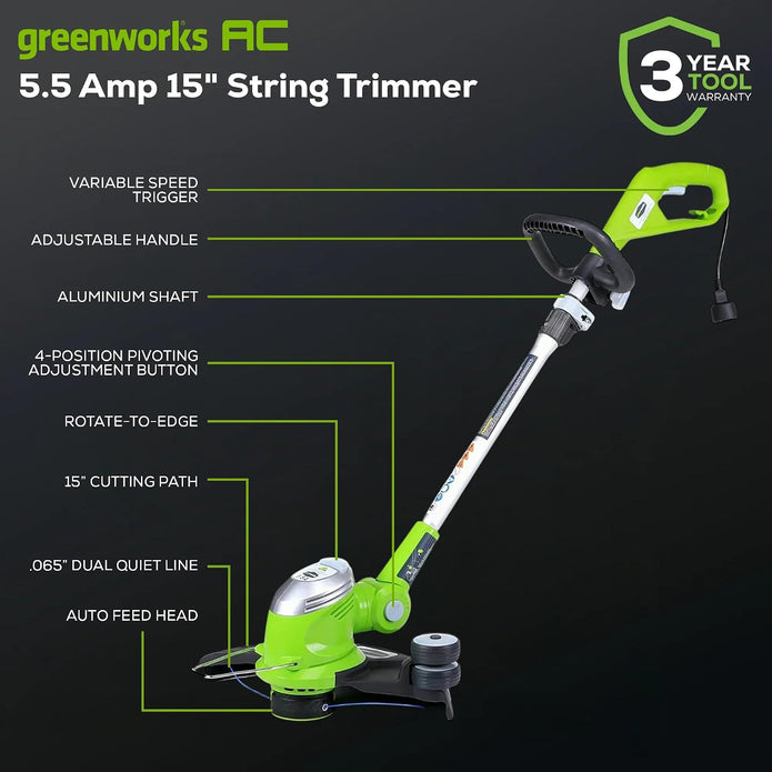 OPEN BOX Greenworks 5.5 Amp 15″ Electric String Trimmer/Edger –Auto Dual Line Feed, Adjustable Handle