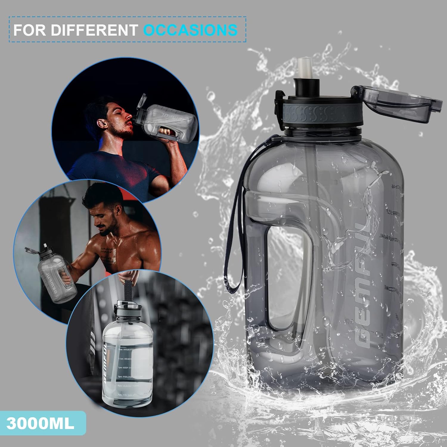 GEMFUL 3 Liter Water Bottles with Handle Motivational Times to Drink Leakproof Wide Mouth Big Sports Jugs