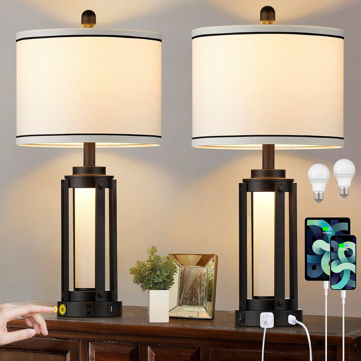 NEW/OPEN BOX Modern Table Lamps Set of 2, TD-LO-152 with USB A+C Charging Ports