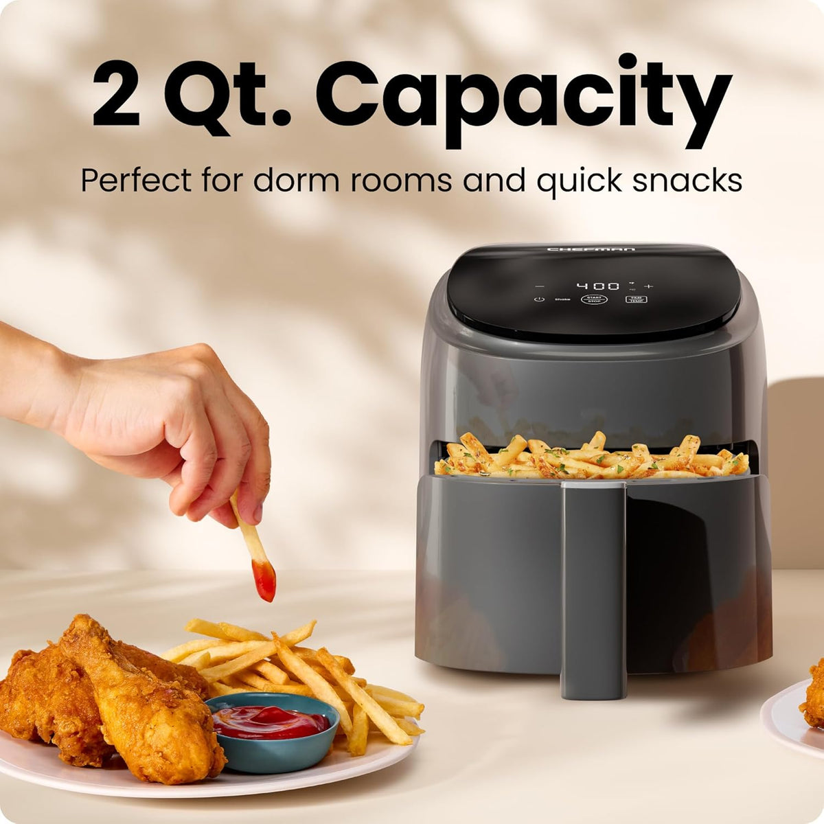OPEN BOX Chefman 2 Qt Mini Air Fryer – Compact and Space-Saving Air Fryer, PFAS-Free Nonstick Basket– Grey