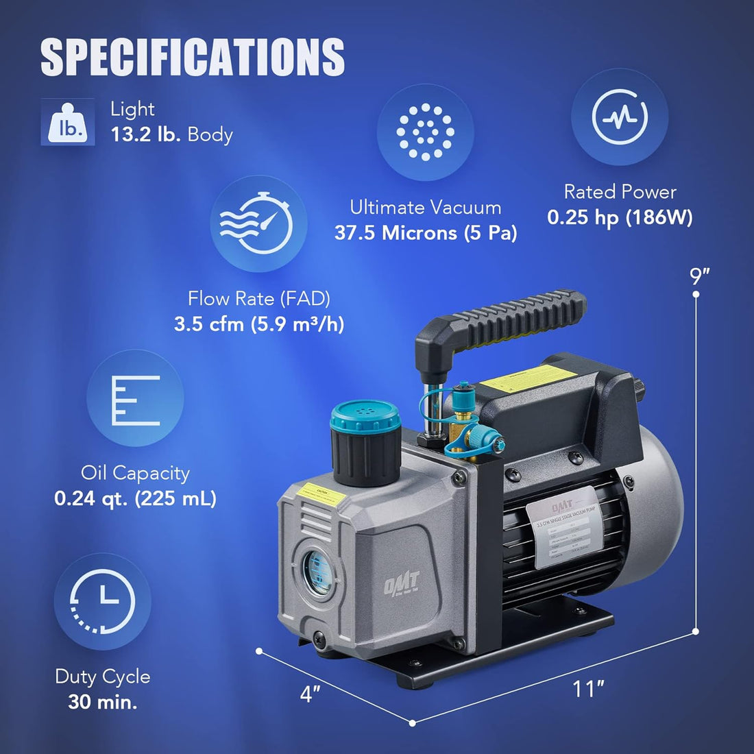 Orion Motor Tech 3.5cfm Vacuum Pump, 1 Stage HVAC Vacuum Pump for R12 R22 R134a R410a Systems