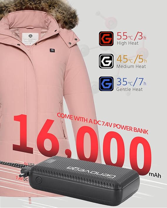 Women Puffer Heated Jacket Rechargeable 7.4v Battery Pack Charger Included ,Pink. XL