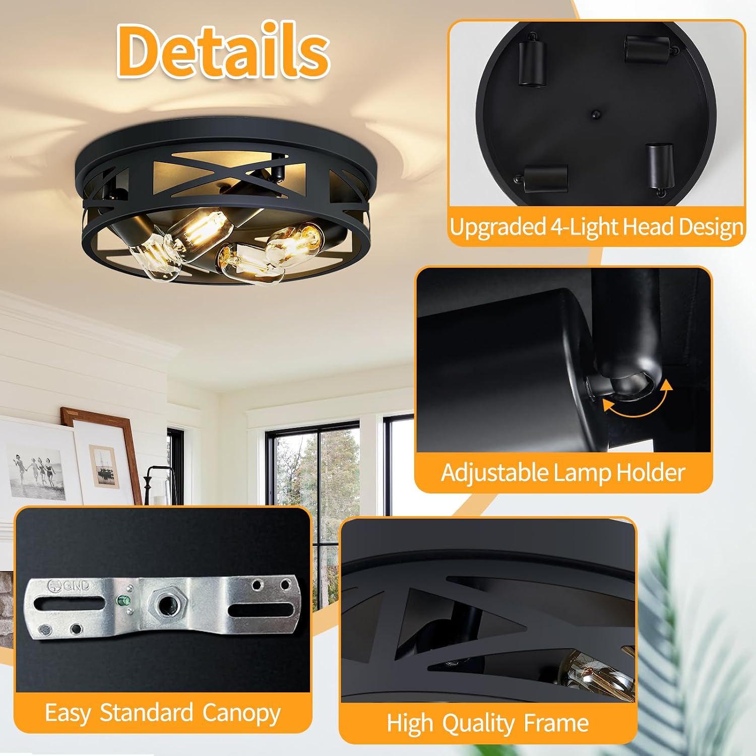 OPEN BOX ZHU YAN 4-Light Flush Mount Ceiling Light - Black, E26 Base (2 Pack)