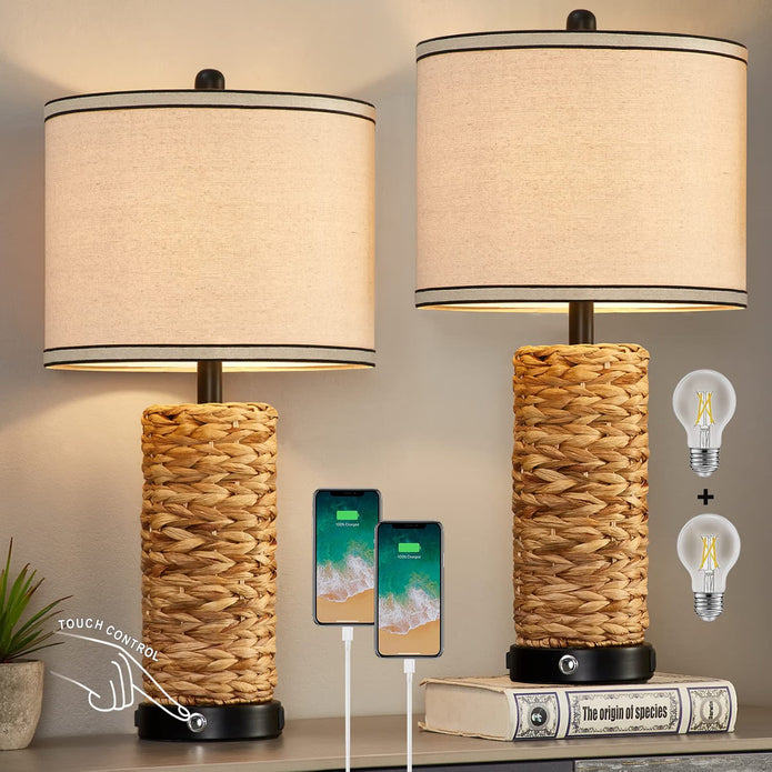 NEW Set of 2 Rustic Touch Table Lamp 12.5 ''for Bedroom Modern Farmhouse Nightstand Rattan Table Lamp