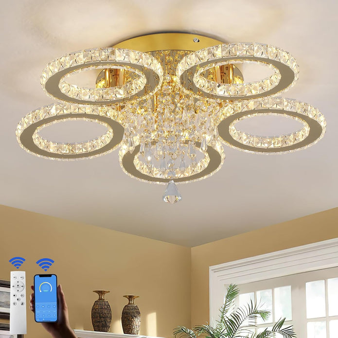 NEW 5-Ring Crystal LED Chandelier Gold Flush Mount Light Dimmable