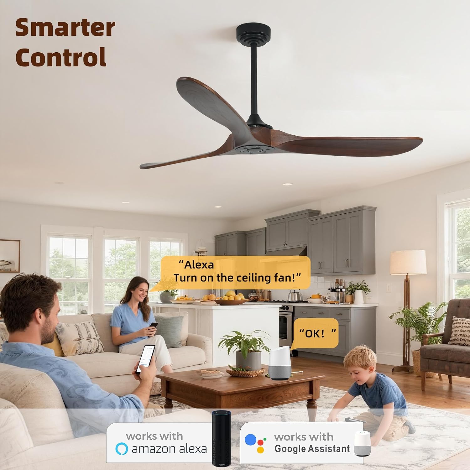 NEW /open box Homlit Ceiling Fan Without Light, 60 Inch Smart Ceiling Fan with Remote  Voice Control 3-Blade Wood Fan, 6 Speeds Red Walnut