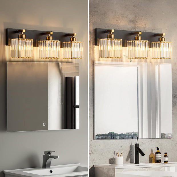 NEW FDPBY Modern Bathroom Vanity Light 3-Lights  Black Gold Crystal