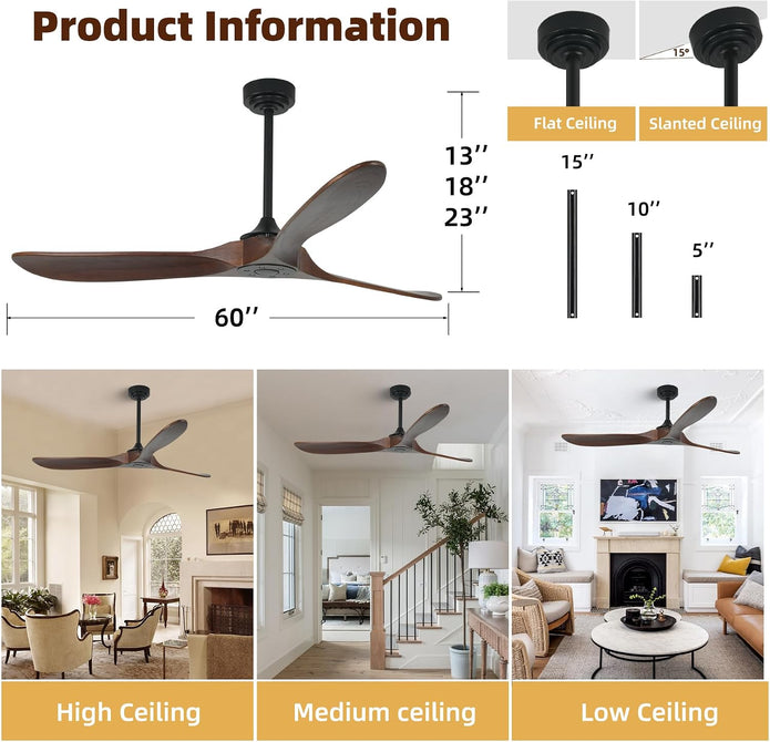 NEW /open box Homlit Ceiling Fan Without Light, 60 Inch Smart Ceiling Fan with Remote  Voice Control 3-Blade Wood Fan, 6 Speeds Red Walnut