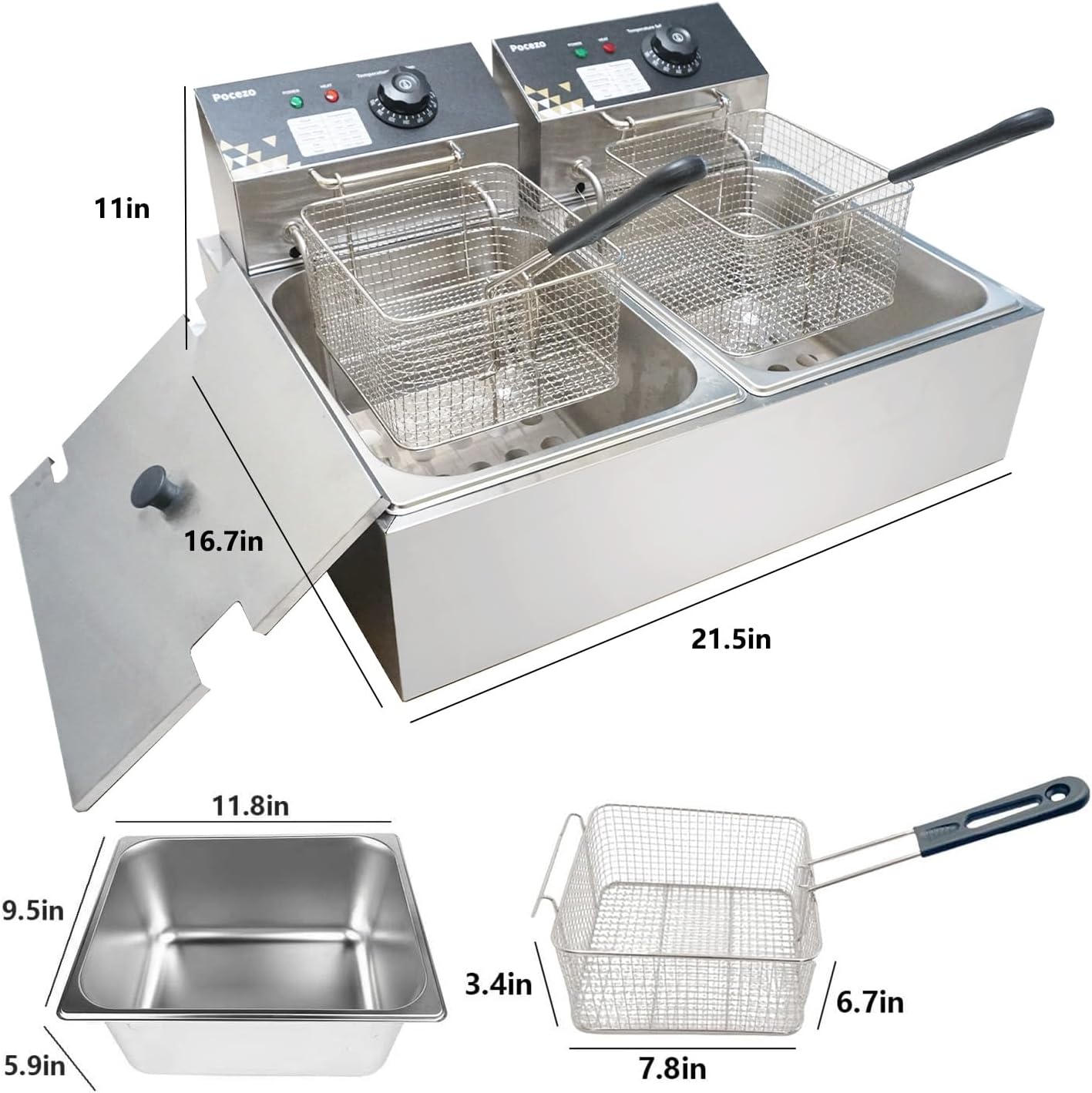 OPEN BOX Deep Fryer with Basket, 3400w 9.1Qt Oil Tank / 4Qt Basket x 2, Stainless Steel Countertop Electric Fryer